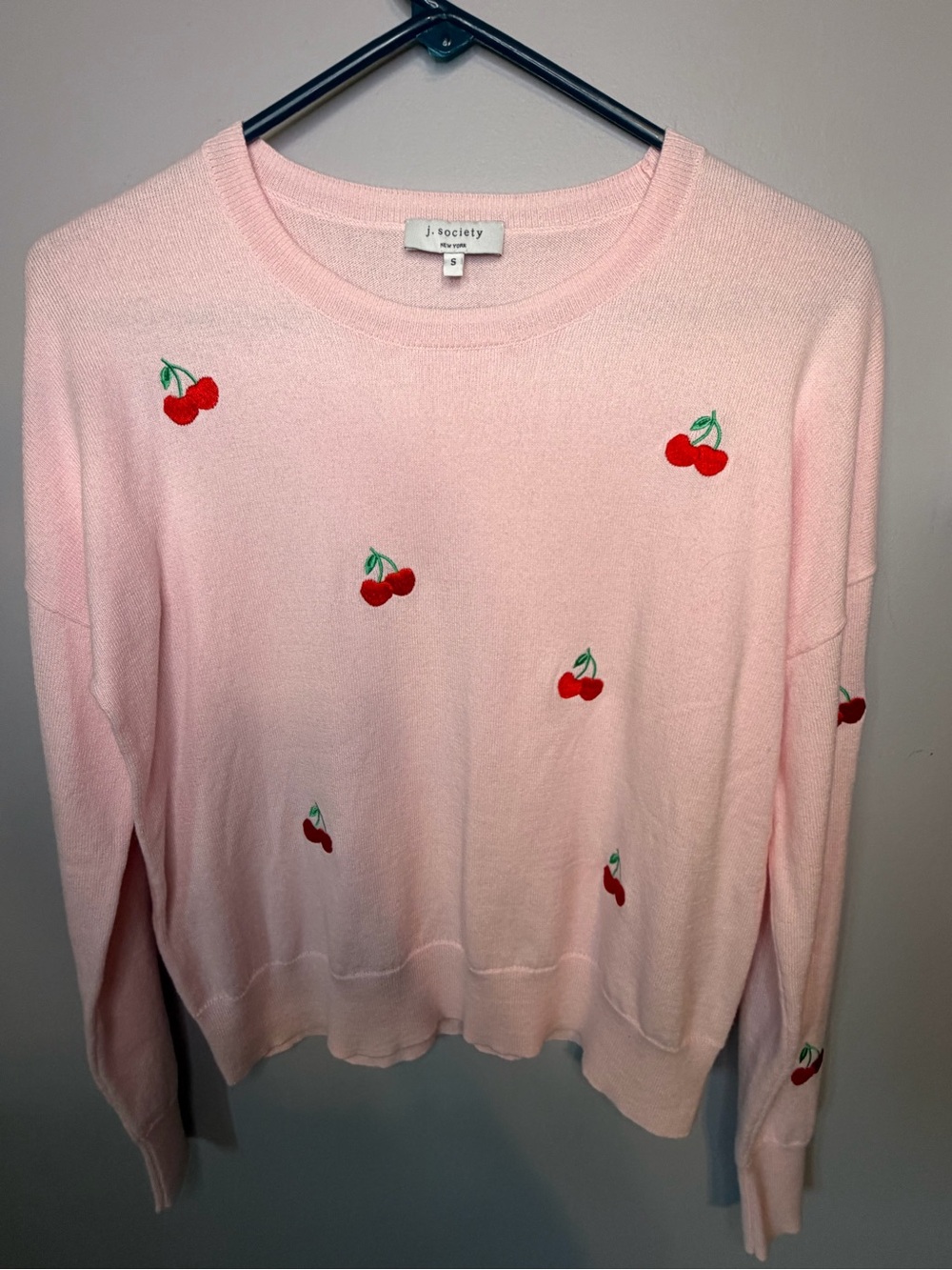 J. Society Pink Embroidered Cherry Crewneck Knit Sweater Size Small S